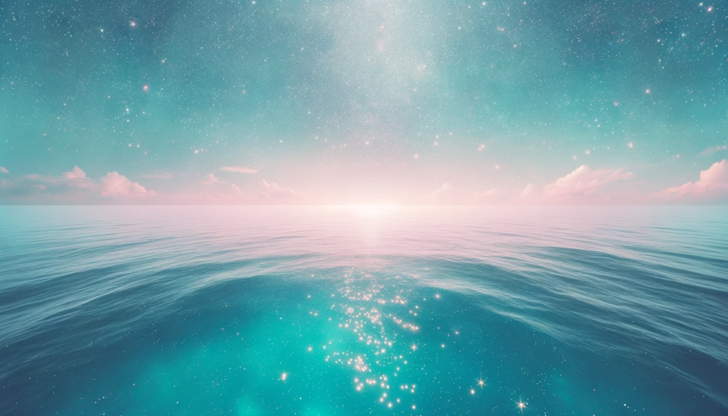 Horizontal photo of Mintaka's oceanic realm with a softer pastel palette. The waters shimmer gently with the brilliance of stars, revealing tranquil depths. The overhead sky is delicately illuminated, representing a tender balance between the terrestrial and the ethereal.