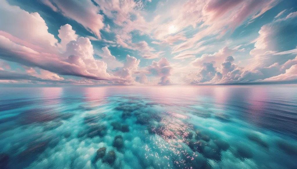 Panoramic photo of an ocean bathed in pastel hues with a soft, dreamy sky above. The water's shimmering surface mirrors the transparent insights of the Mintakans, representing their profound connection to the aquatic realm.
